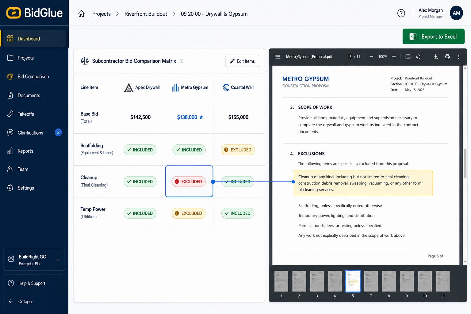 BidGlue subcontractor bid comparison interface